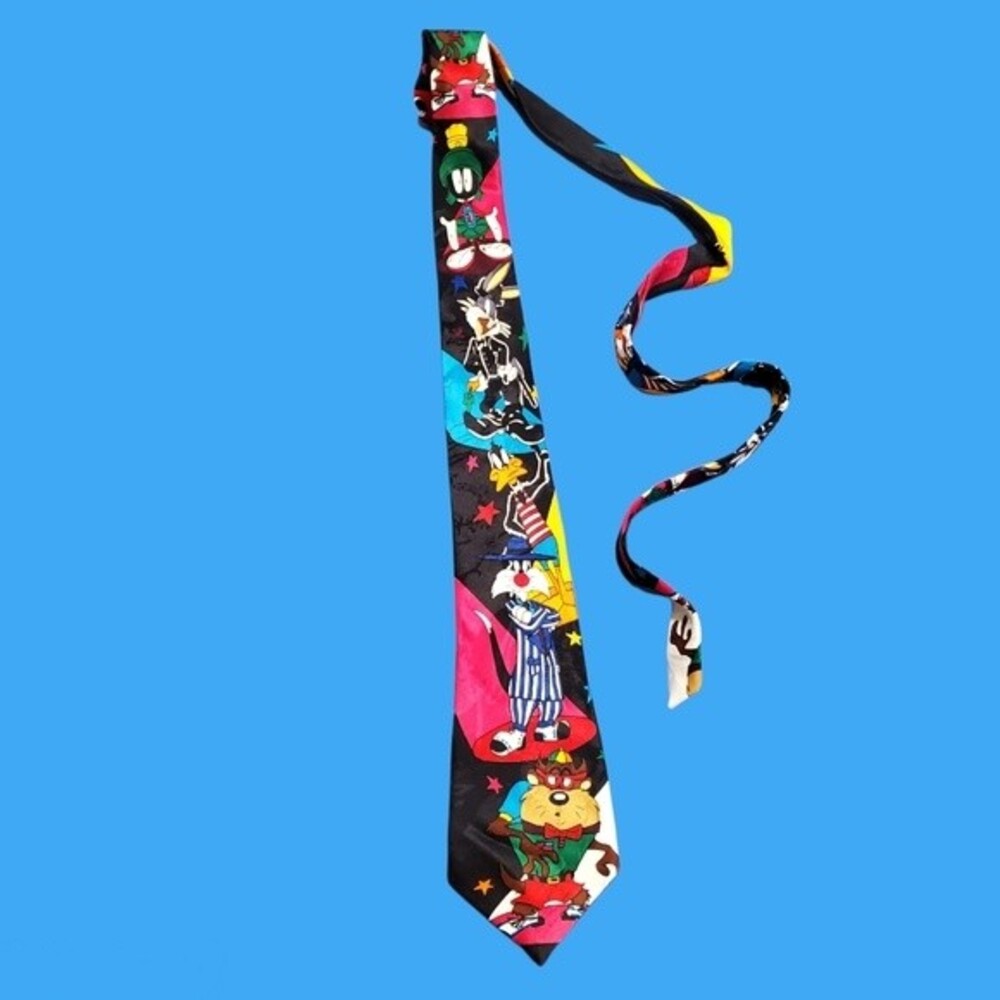 Vintage 90s Looney Tunes Mania Necktie Taz Bugs Marvin Sylvester Cartoon Tie
